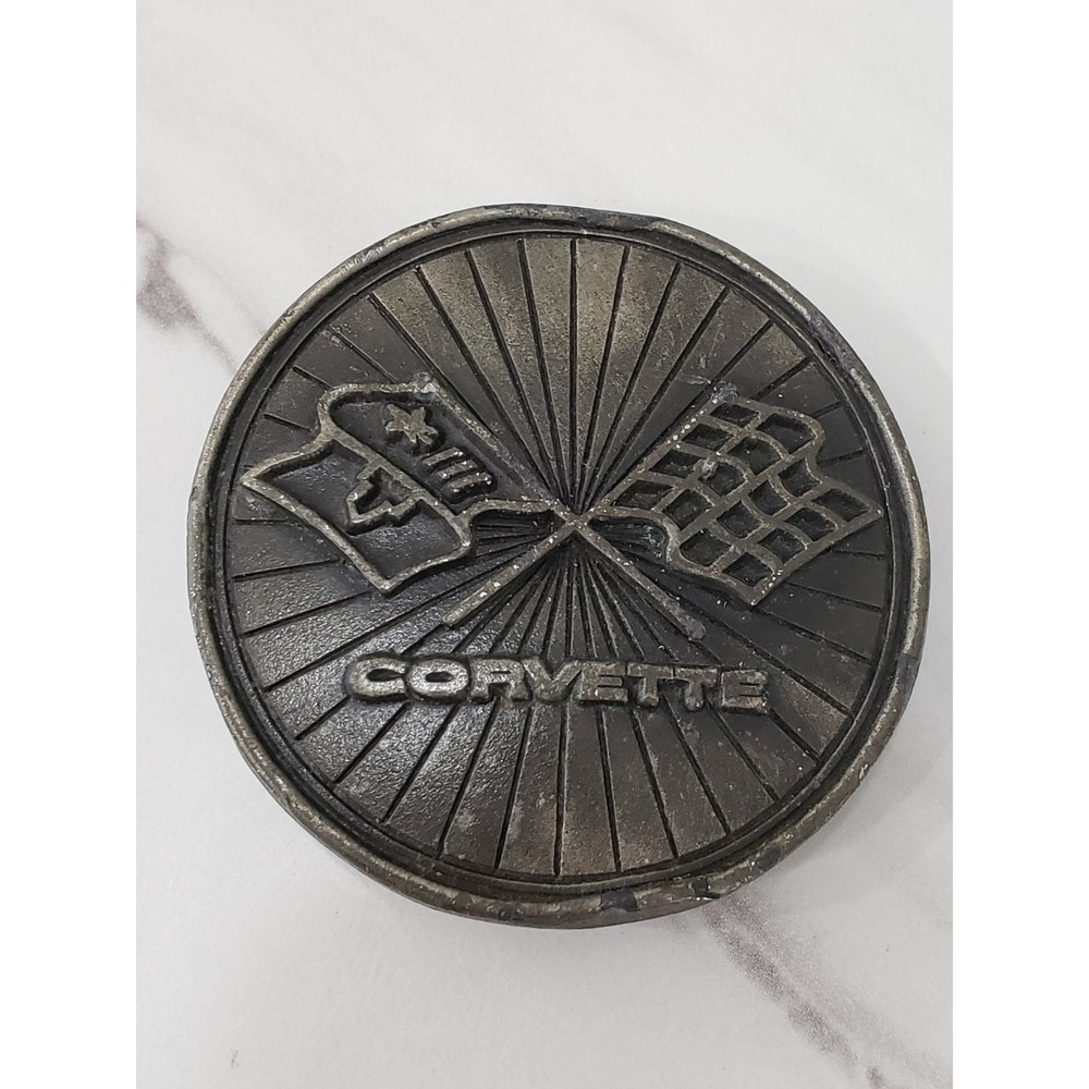 Vintage 1976 Corvette Belt Buckle Flag Logo Round Indiana Metal Craft Car Show